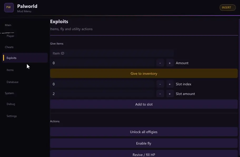 Palworld exploits menu to give items by ID, unlock effigies and fly