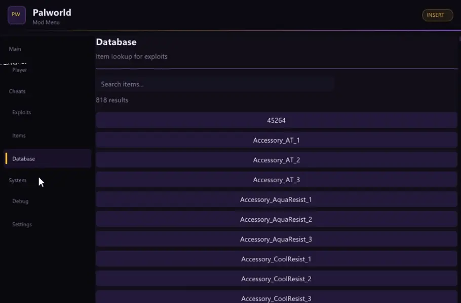 Palworld item database with a searchable lookup of 818 items