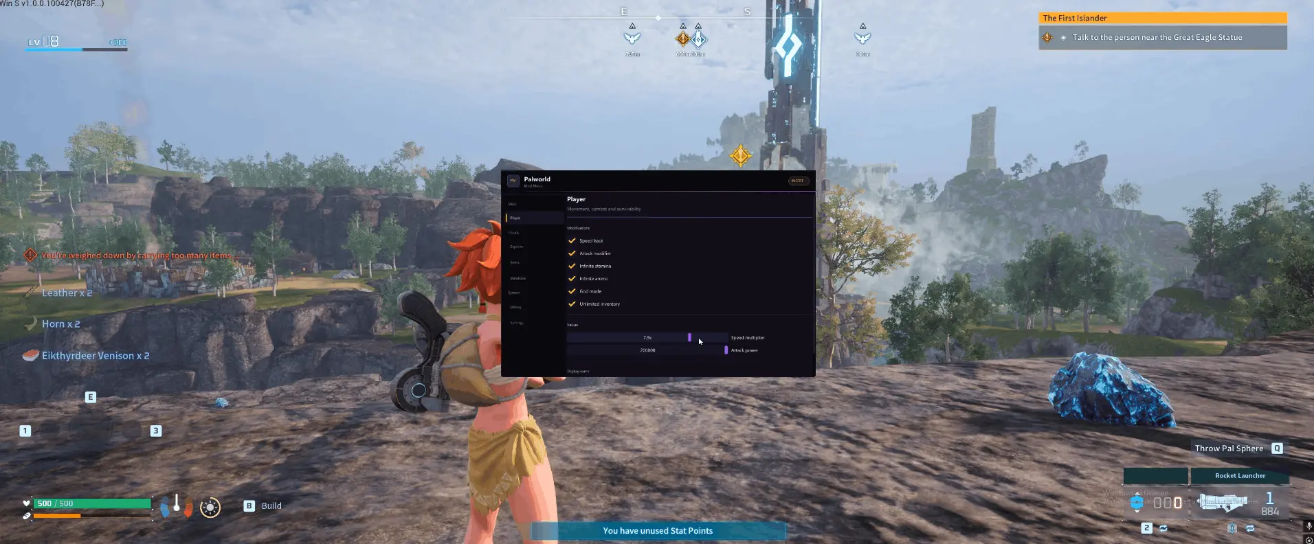 Palworld mod menu open in-game over the game world