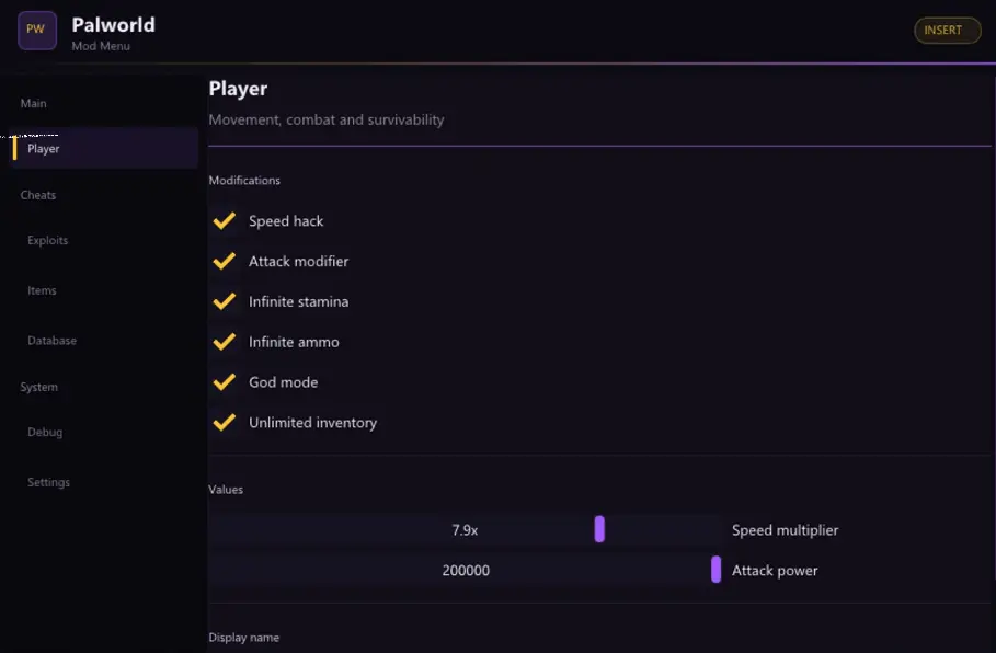 Palworld cheat menu Player tab with speed hack, god mode and infinite stamina