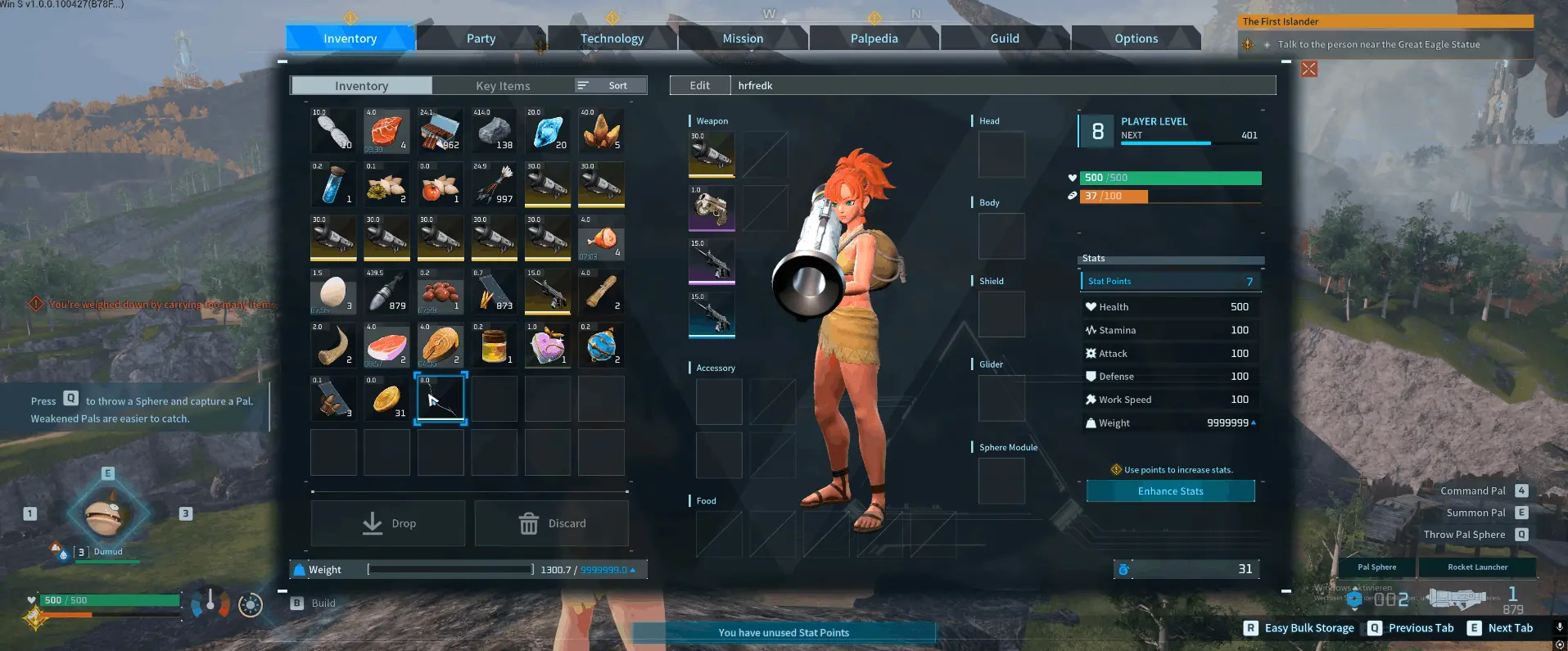 Palworld unlimited inventory with no weight limit